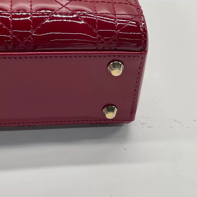 Lady Dior Mini 2020 Red Burgundy Patent Leather Gold Hardware Suede Interior Chain Strap