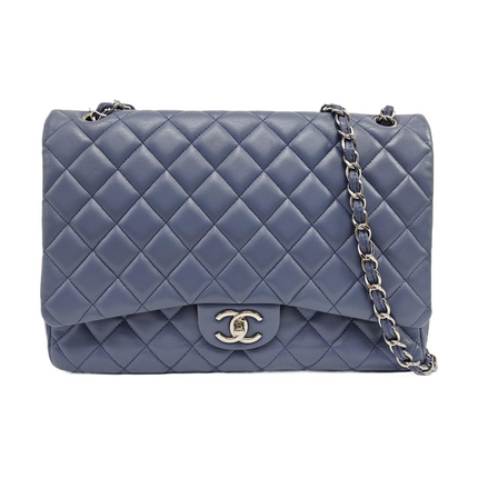 Chanel Classic Flap Maxi Ash Navy Lambskin Leather Double Flap Silver Hardware 2011