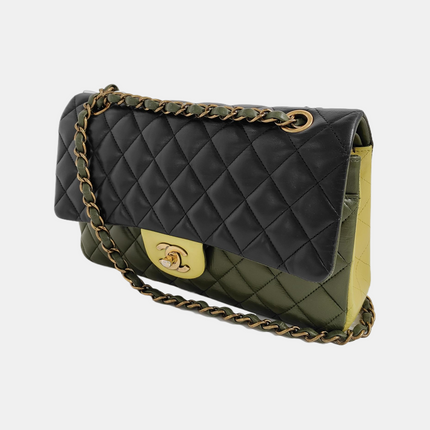 Chanel Timeless Classic Flap Medium Tricolor Black Green Lambskin Leather Gold-tone Hardware