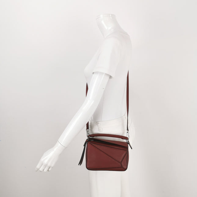 Loewe Puzzle Mini Burgundy Calfskin Leather Crossbody Bag