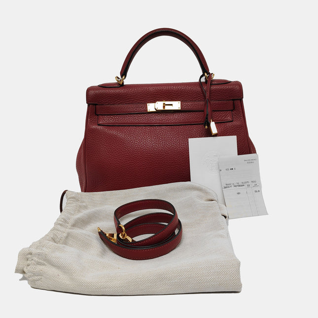 Hermes Kelly 32 Retourne Rouge H Burgundy Clemence Leather Double Ring Gold HW 2004