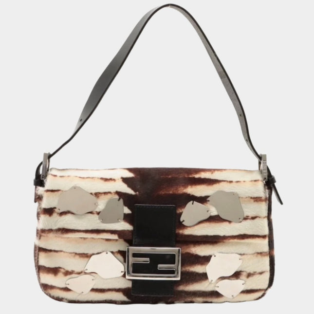 Fendi Baguette Pony-style Calfskin Leather Zebra Print with Metal Mirror-Luxbags