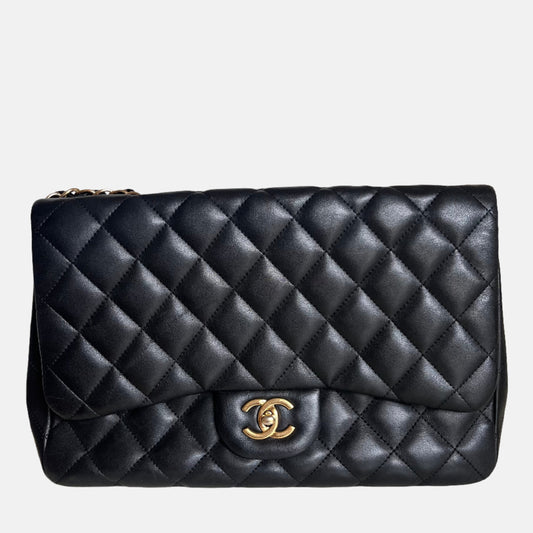 Chanel Classic Flap Jumbo Black Lambskin Leather Single Flap with Gold Hardware-Luxbags