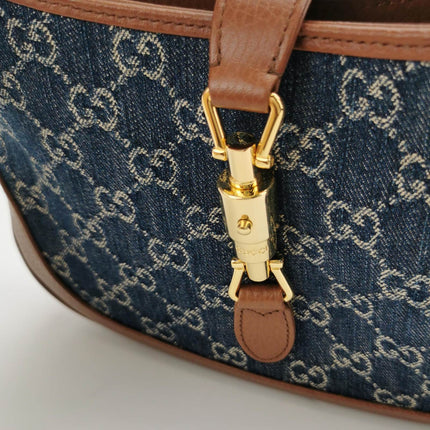 Sold Gucci Jackie 1961 Small Handbag in Blue Monogram Denim and Brown Leather