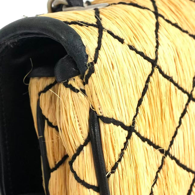 Chanel Medium Straw Wicker Flap Bag Black Diamond Wild Stitch