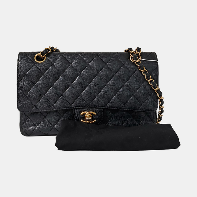 Chanel Classic Flap Medium Black Caviar Leather Double Flap Gold Hardware