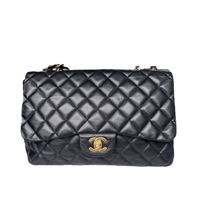 Sold Chanel Classic Flap Jumbo Vintage Black Lambskin Leather with 24k Gold Hardware