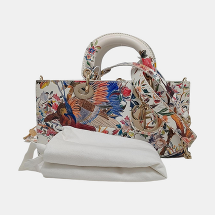 Lady D-Joy Medium Bird and Flower Embroidery Calfskin Leather