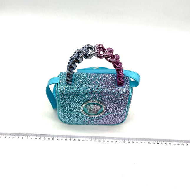 Versace La Medusa Mini Crystal Embellished Top Handle Bag in Blue Pink