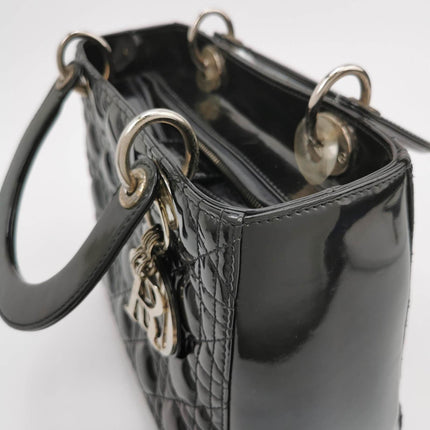 Lady Dior Medium Black Patent Leather Handbag with Silver Hardware