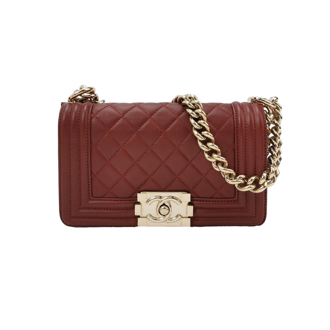 Chanel Le Boy Small Burgundy Lambskin Leather Antiqued Gold Hardware-Luxbags