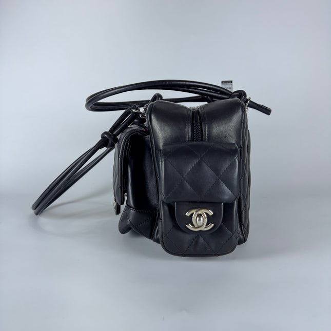 Chanel Cambon Multi-pocket Ligne Reporter Bag Medium Black Calfskin Leather White Logo