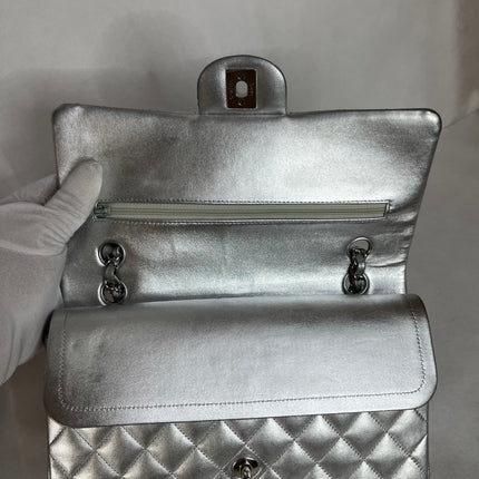 Chanel Classic Flap Medium Silver Lambskin Leather Silver Hardware