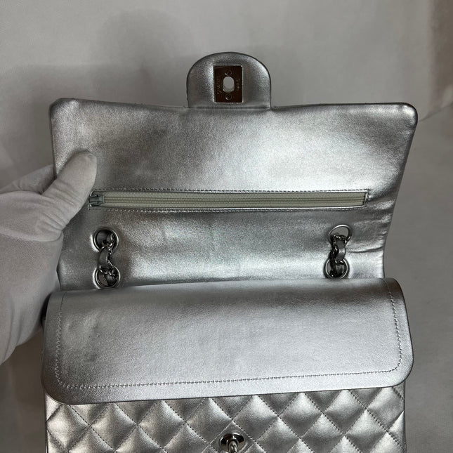 Chanel Classic Flap Medium Silver Lambskin Leather Silver Hardware