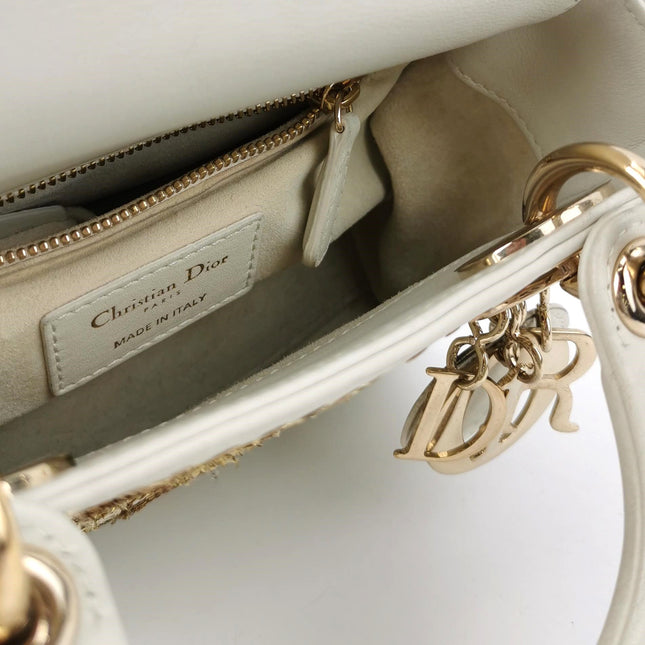 Lady Dior Mini 2018 Embroidered White Calfskin Leather Gold Beads Crossbody Bag