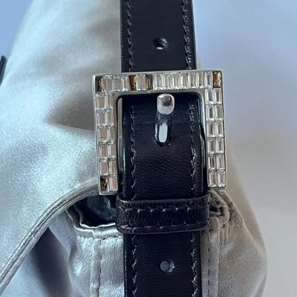 FENDI Baguette Beige Grey Silk Satin with Crystal Buckle Shoulder Bag
