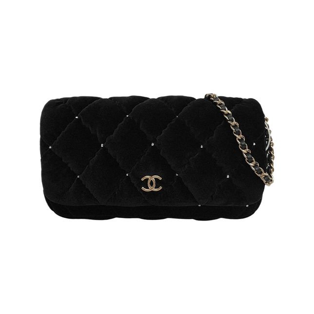 Chanel Mini Flap Black Velvet Gem Studded Silver Hardware Microchip-Luxbags