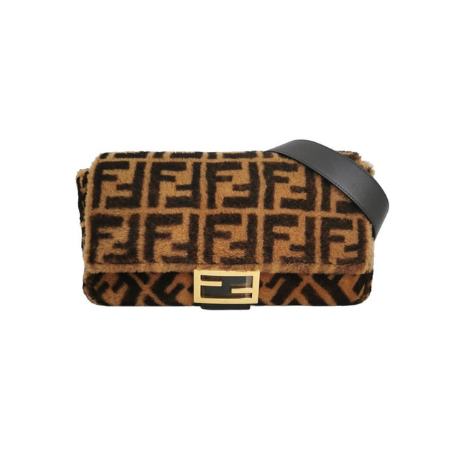 Fendi Baguette Large Shearling Vitello Dolce Marco FF 1974 Tobacco Black Brown Zucca-Luxbags