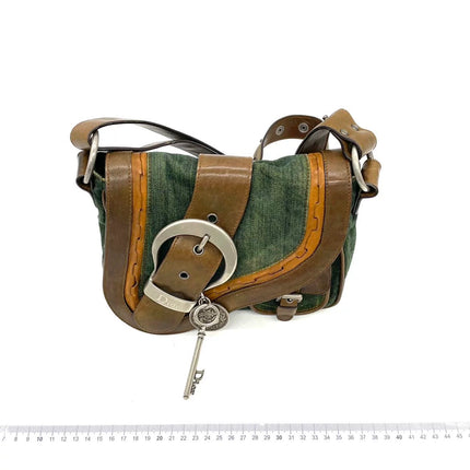 Dior Vintage Gaucho Mini Green Denim Brown Leather Crossbody Bag 2006
