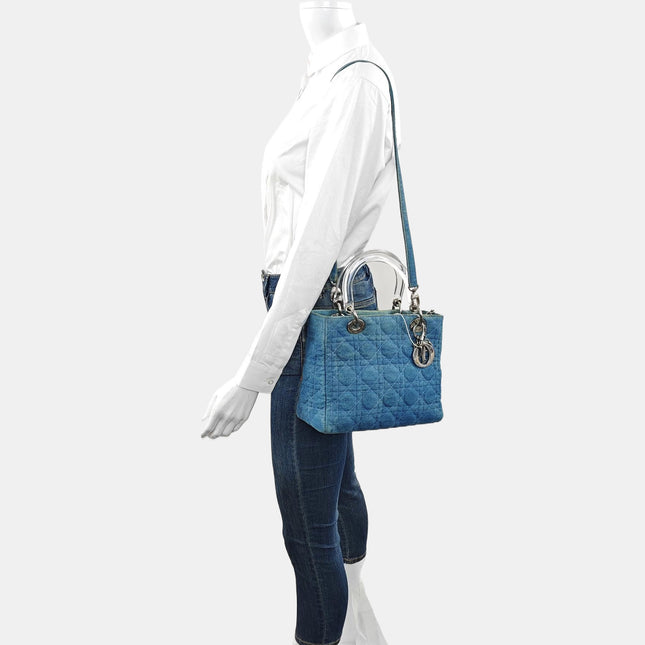 Lady Dior Vintage Medium Blue Jeans PVC Handles Silver Hardware With Strap