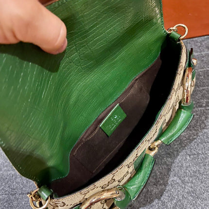 Gucci Horsebit 1955 Chain Bag Gucci Monogram Green Leather and Gold Studs