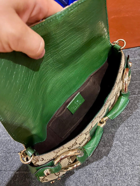 Gucci Horsebit 1955 Chain Bag Gucci Monogram Green Leather and Gold Studs