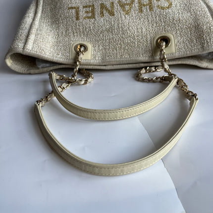 Chanel Deauville Tote Gold Beige Cloth Leather Chain Strap Small 34cm
