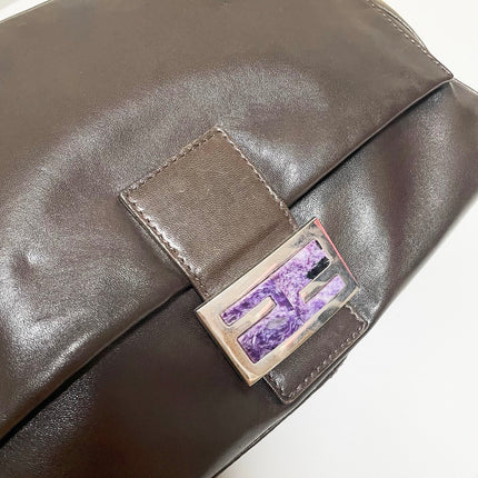Fendi Mamma Baguette Chocolate Brown Lambskin Leather Silver Hardware