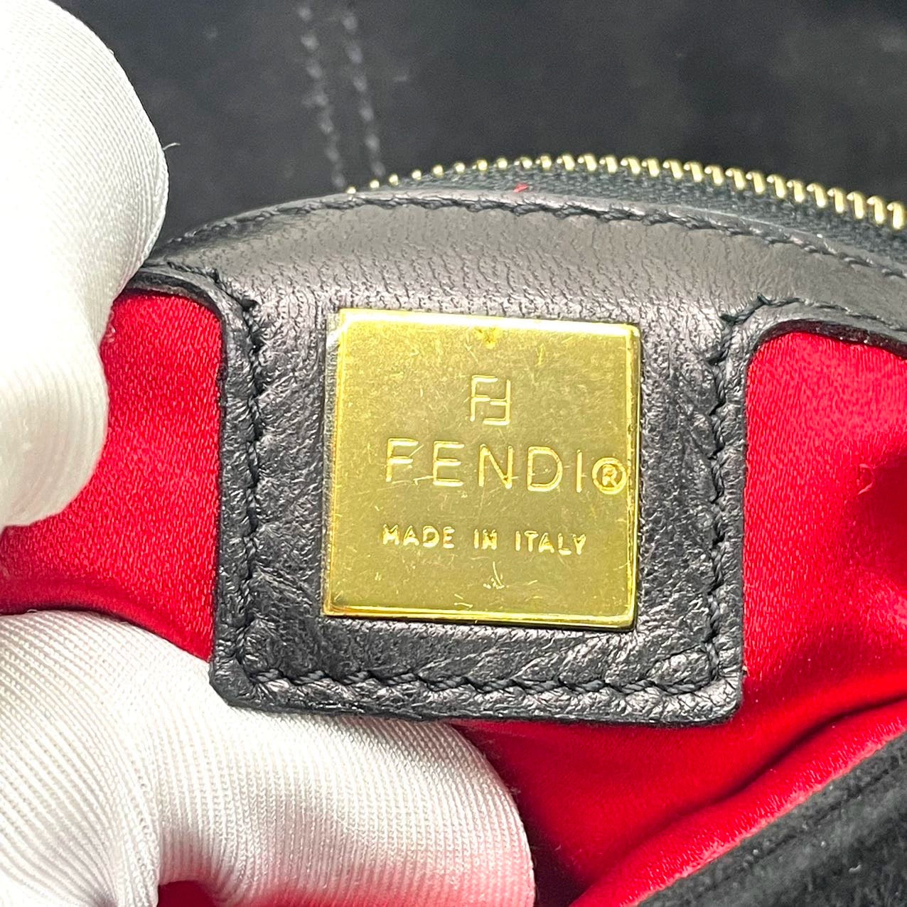 Fendi Baguette Black Suede Leather Red Buckle Shoulder Bag