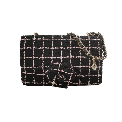 Chanel Mini Rectangular Tweed Flap Bag Black Pink Camellia Single Chain Crossbody-Luxbags
