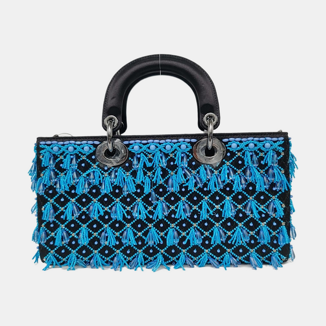 Lady D-Joy Medium Bag Exceptional Piece Black Silk Satin Turquoise Beaded Tassel