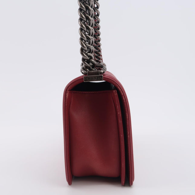 Chanel Le Boy Medium Bag Burgundy Lambskin Leather Silver Antiqued Hardware