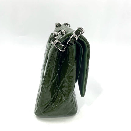 Chanel Classic Flap Jumbo Large Green Patent Leather Silver Hardware