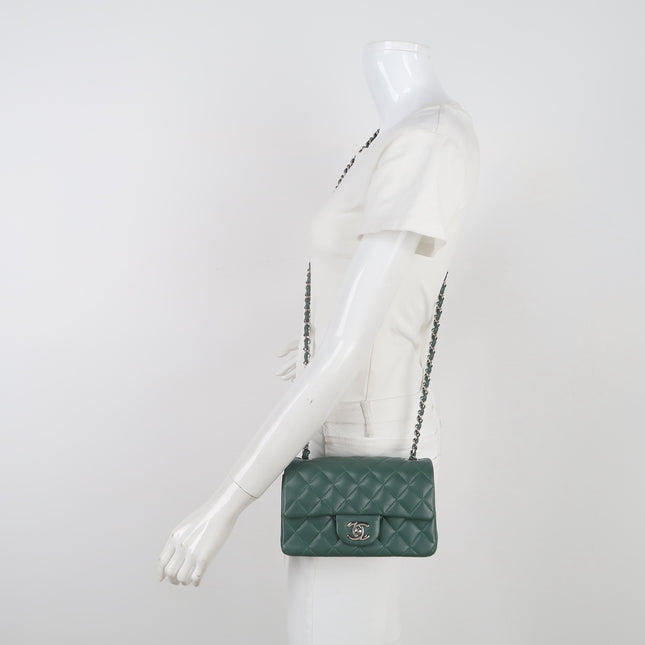 Chanel Classic Flap Mini Rectangular 2019 Green Lambskin Leather Silver Hardware