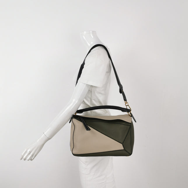 Loewe Puzzle Medium Tricolor Green Beige Calfskin leather bag