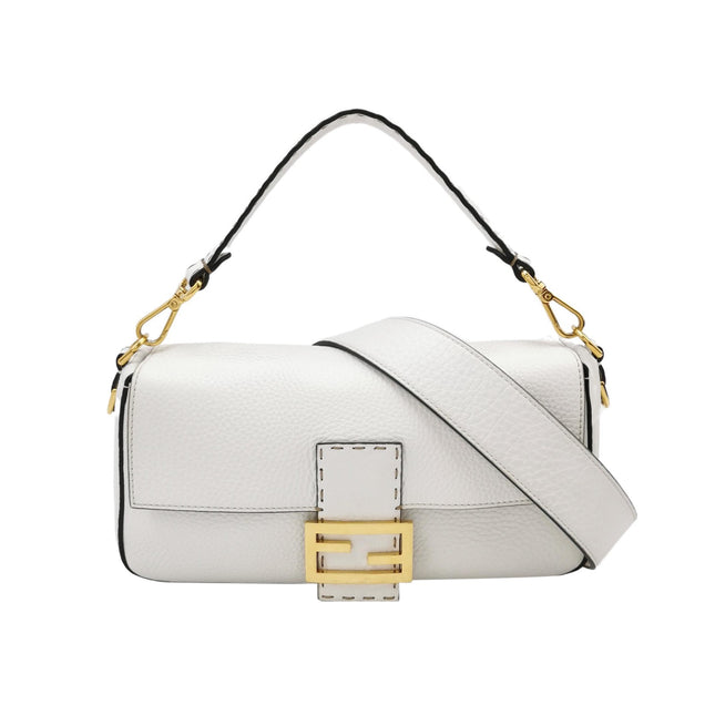 Fendi Baguette Selleria Medium White Calfskin Leather Crossbody Bag