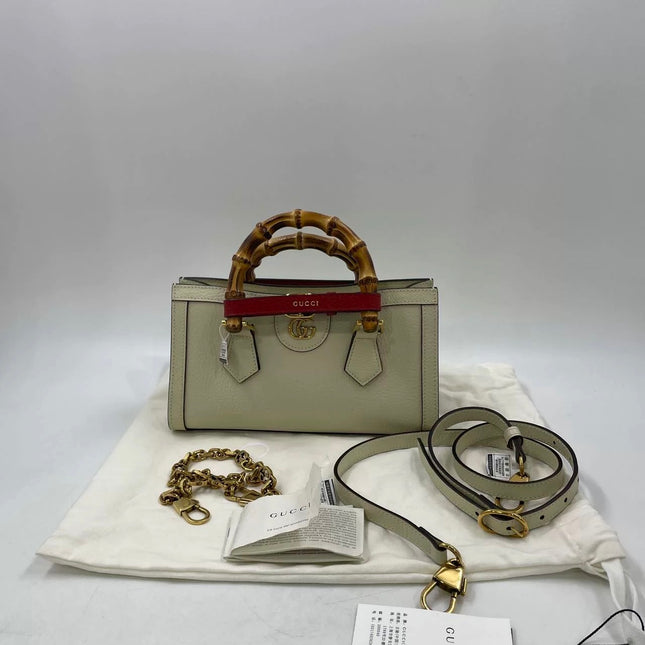 Gucci Diana Small East West Cream White Leather Bag Bamboo Handle with Strap