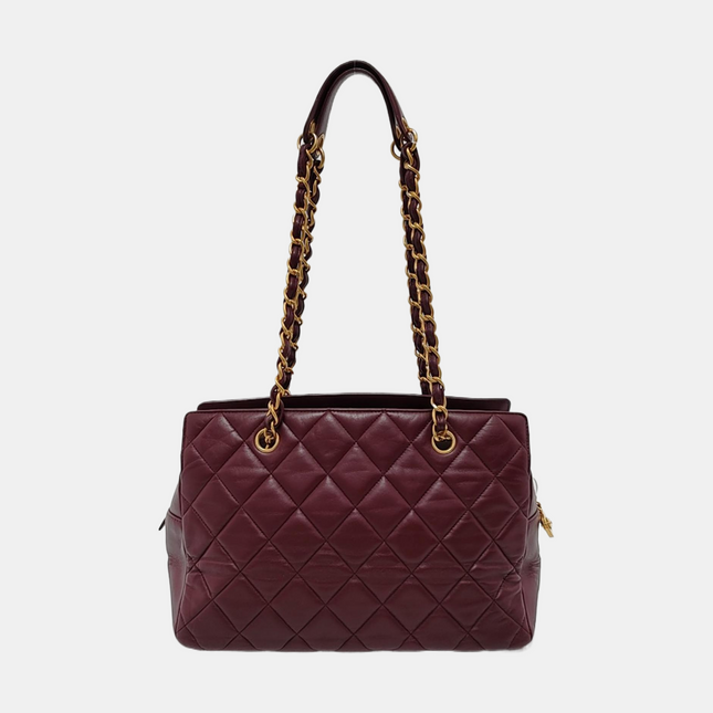 Chanel Petite Shopping Tote PTT Burgundy Lambskin Leather Gold-Tone Chain Shopping Bag