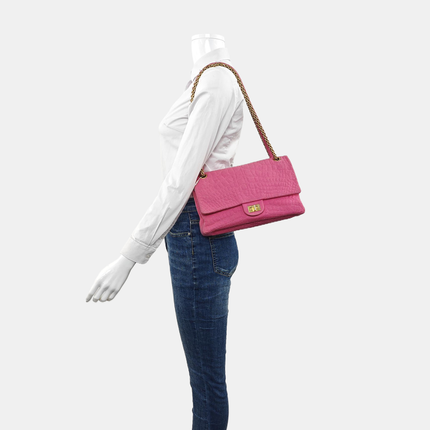 Chanel 2.55 Jumbo Double Flap Pink Fabric Crocodile Print Gold-tone Hardware