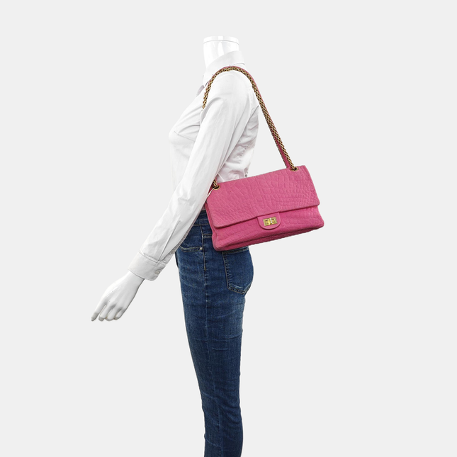 Chanel 2.55 Jumbo Double Flap Pink Fabric Crocodile Print Gold-tone Hardware