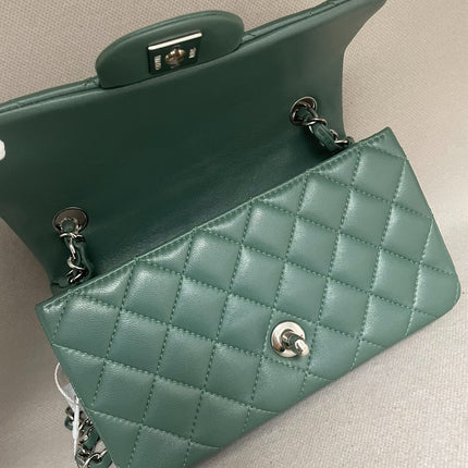 Chanel Classic Flap Mini Rectangular 2019 Green Lambskin Leather Silver Hardware