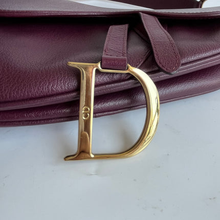 Dior Saddle Vintage Burgundy Purple Wine Calfskin Leather Gold Hardware Shoulder Bag