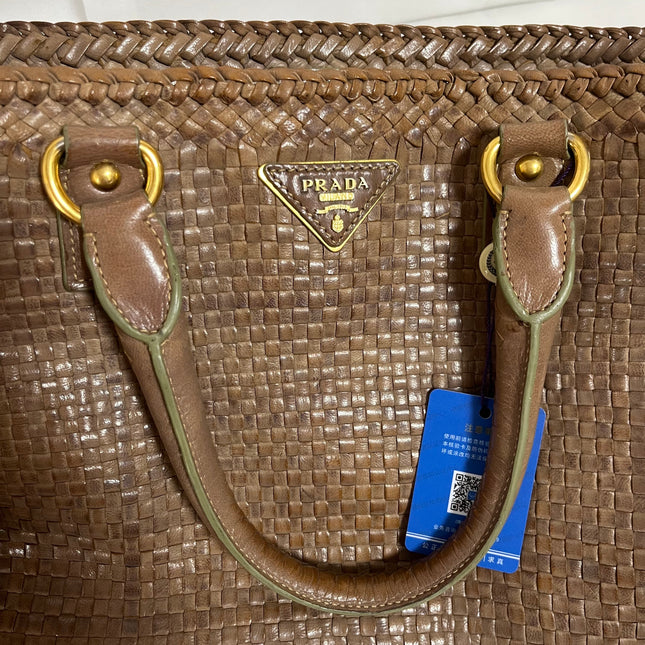 Prada Madras Brown Woven Leather Top Handle Shopping Tote
