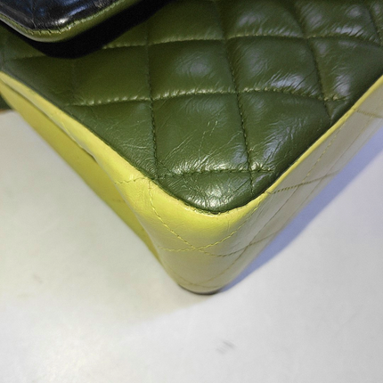 Chanel Timeless Classic Flap Medium Tricolor Black Green Lambskin Leather Gold-tone Hardware