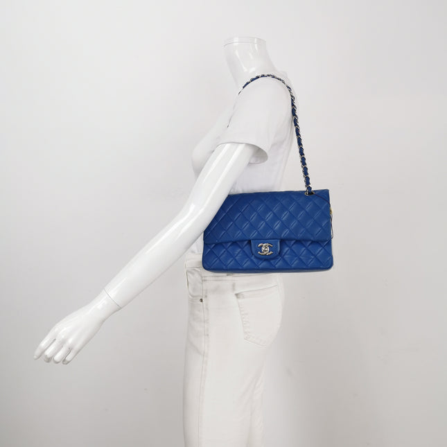 Chanel Timeless Classic Flap Medium Blue Lambskin Leather Silver Hardware