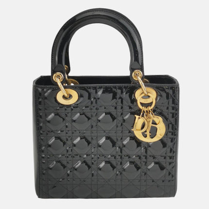 Lady Dior Medium Black Patent Leather Handbag with Gold Hardware-Luxbags