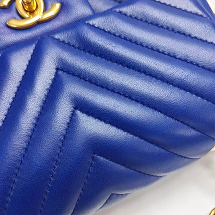 Chanel Classic Flap Mini Square Chevron Stitching Blue Lambskin Gold Hardware Crossbody Bag