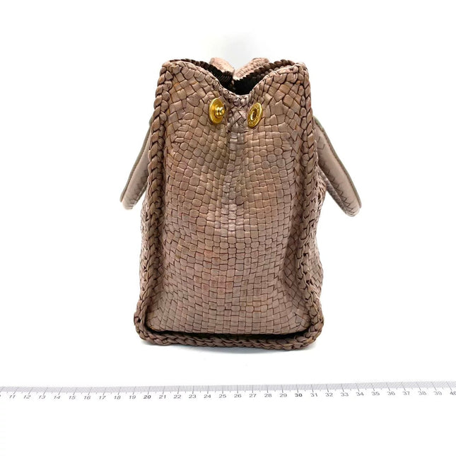 Prada Madras Brown Woven Leather Top Handle Shopping Tote Medium
