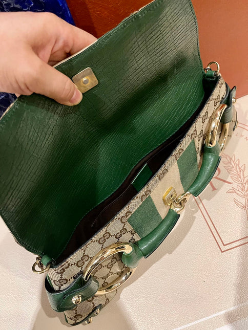 Gucci Horsebit 1955 Chain Cloth Gucci Monogram Green Leather and Gold Studs