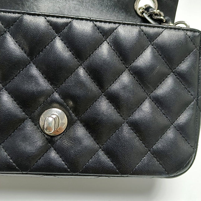 Chanel Classic Flap Mini 2014 Black Lambskin Camellia Charms Silver Hardware
